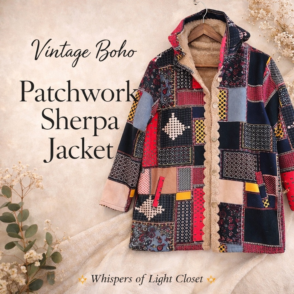 Vintage Style Patchwork Sherpa Lined Jacket Boho Quilted Coat